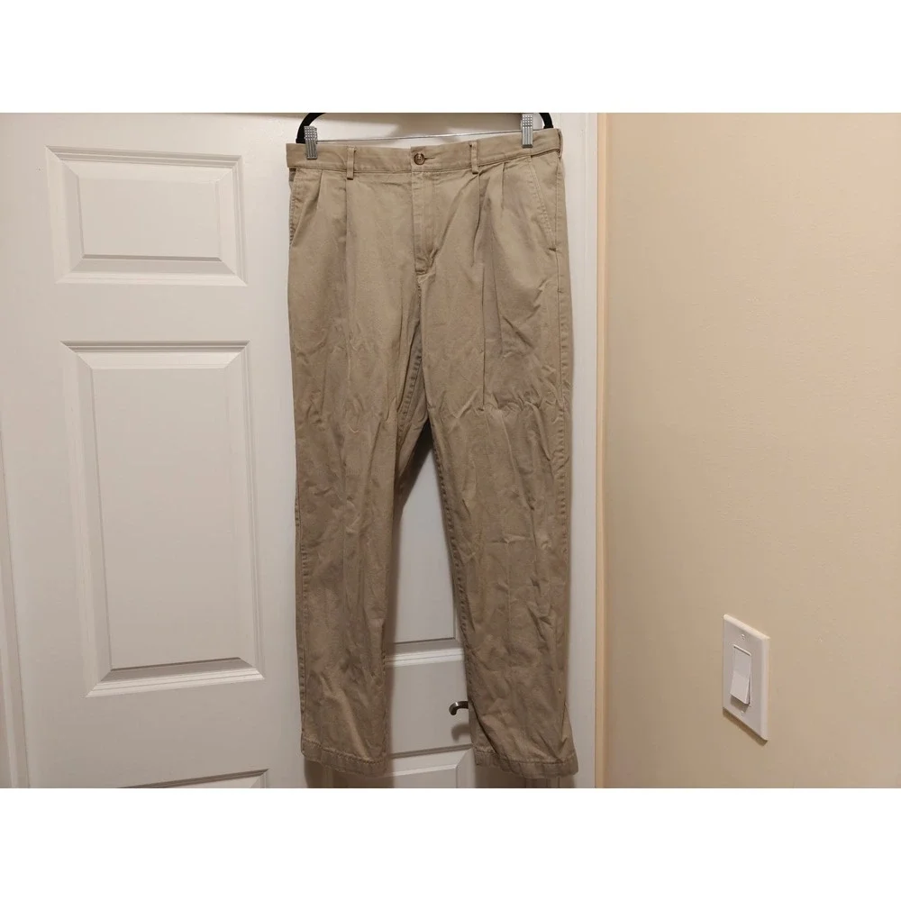 Lands End Mens Traditional Fit Pleated Chino Pants Khaki Tan Cotton Size 35